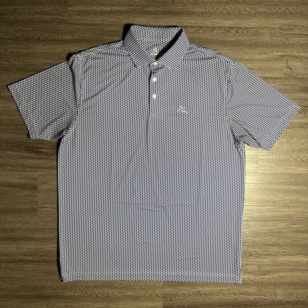 Rhoback The Don't Mess Performance Polo Men's L Blue White Texas AOP Flag EUC